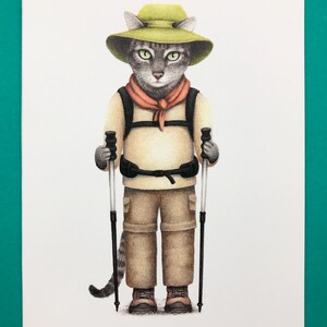 Wanderkatze Grußkarte, handgezeichnet, innen blanko, Nationalparks, Wandergeschenk, Outdoor Katze, getigerte Katze, wildnis liebe, made in USA