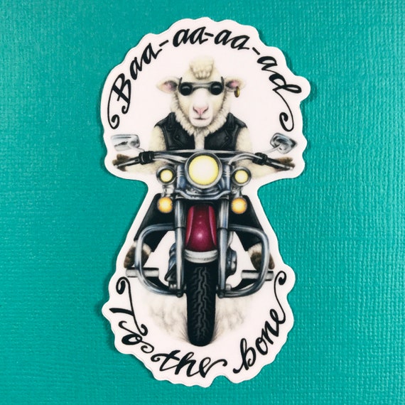 Bad to the Bone Sheep on Motorcycle Sticker, Waterproof Bad to the Bone Sheep on Motorcycle Sticker, Waterproof