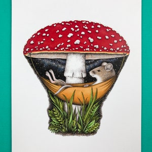 Carte de voeux Souris dans un hamac champignon, vierge à l'intérieur, format A2, dessinée à la main, carte pensée pour vous, juste parce que, pour un ami, fabriquée aux États-Unis