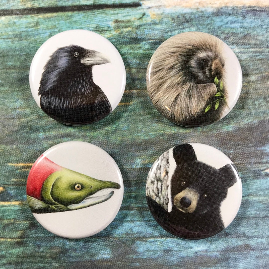 Alaskan Animal Button 4 Pack With a Raven, Salmon, Porcupine, and Bear ...