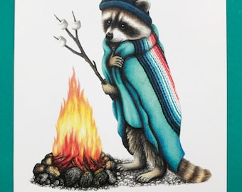May include: Illustration of a raccoon wearing a blue hat, poncho, and scarf, roasting marshmallows over a campfire. The raccoon is holding a stick with marshmallows. The campfire has orange and yellow flames.