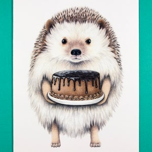 Hérisson avec carte à gâteau, intérieur vierge, voeux dessinés à la main, carte animal pour maman
