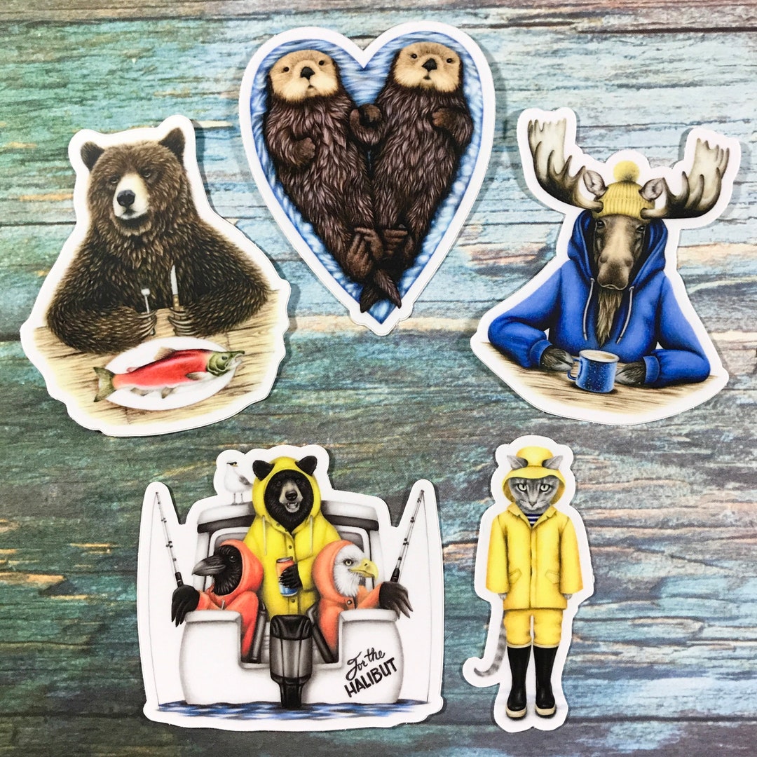 Alaska Sticker 5 Pack Including Bear With Salmon, Sea Otters, Fishing ...
