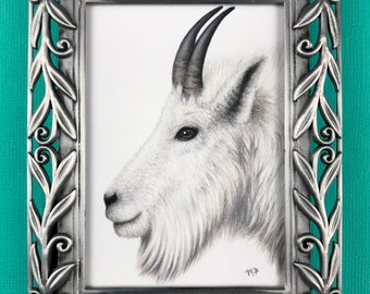 Mountain goat original colored pencil drawing in a silver frame, mini animal art, nursery, baby's room, mountains, tiny