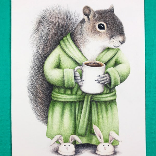 Squirrel in a robe drinking coffee greeting card, A2 size, for coffee lovers, wildlife, birthday, cheer-up card, funny