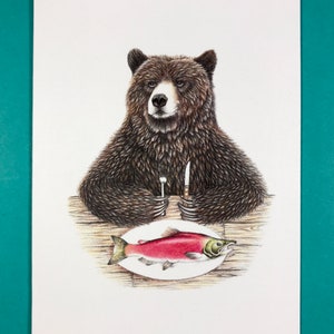 Ours brun avec dîner au saumon Carte de vœux format A2, intérieur vierge, faune, thème de l'Alaska