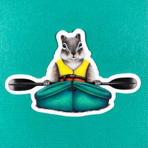 Chipmunk in a tiny kayak sticker, waterproof, watersports, water bottle sticker