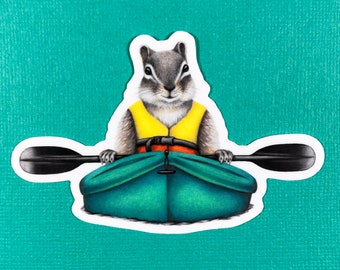 Chipmunk in a tiny kayak sticker, waterproof, watersports, water bottle sticker