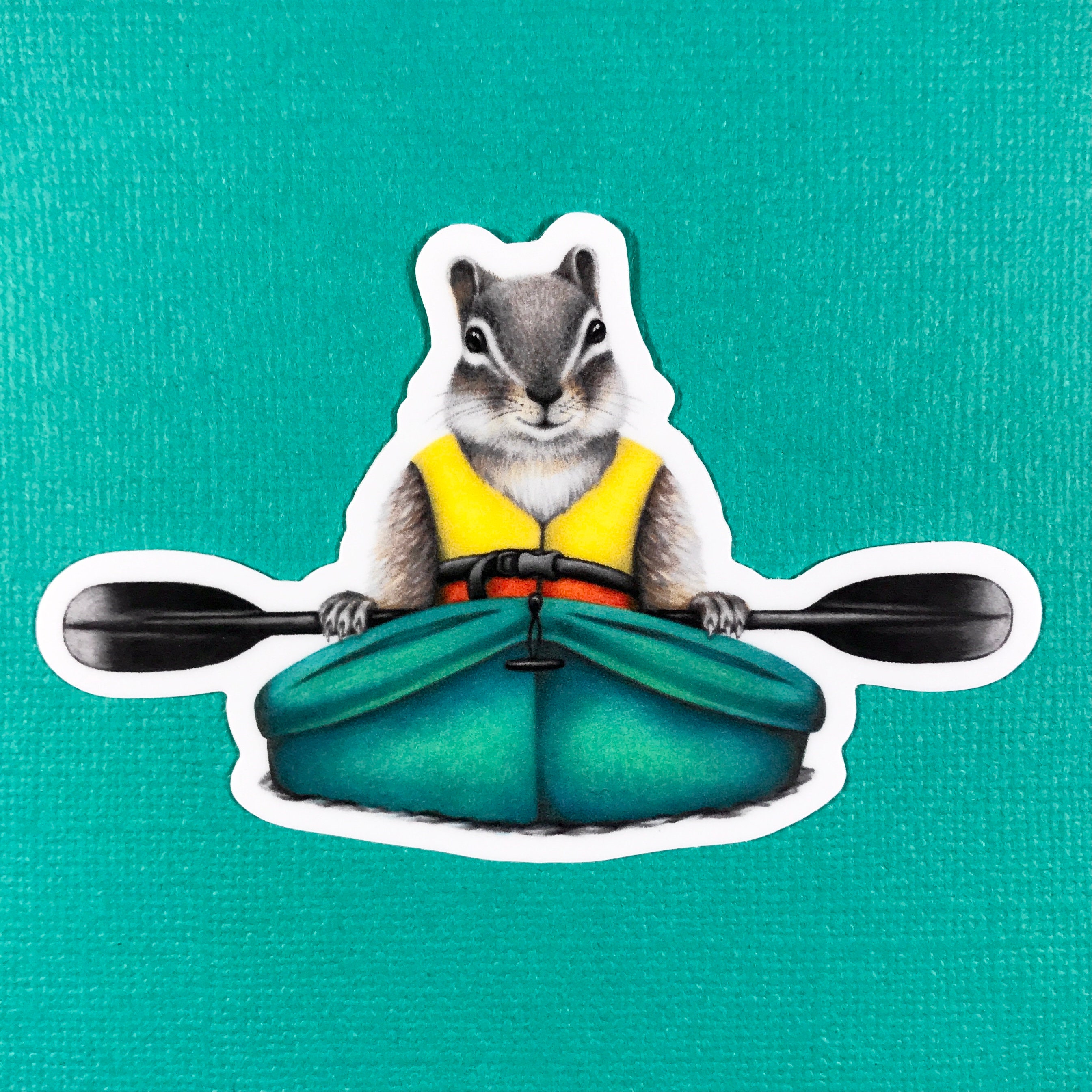 Chipmunk in a tiny kayak sticker, waterproof, watersports, water bottle sticker