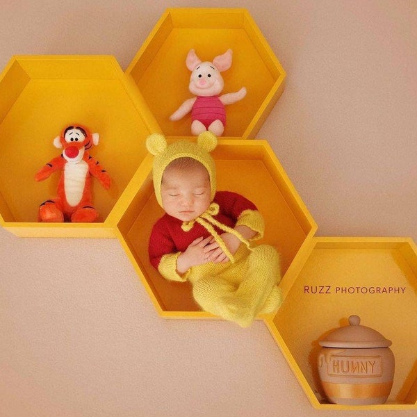 RTS! Knitted Pooh outfit Newborn photography props Baby bear outfit Knitted footed romper bonnet set Knitted toy Honey dipper stick Newborn