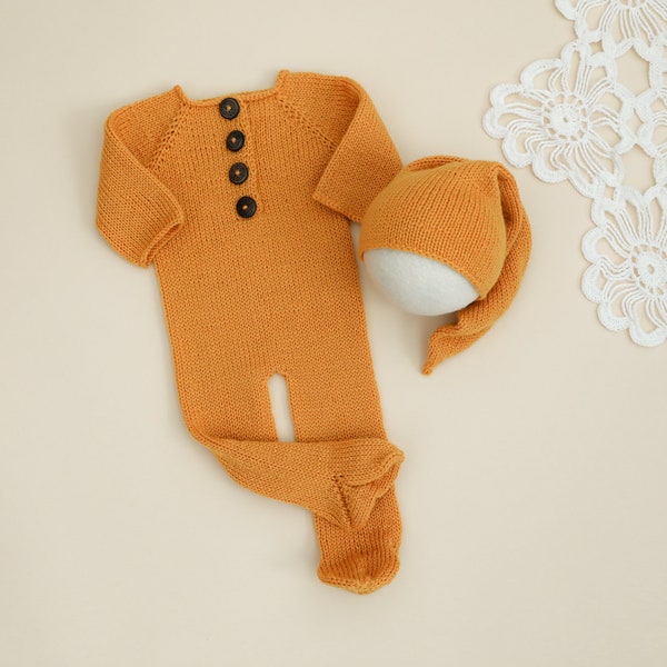 RTS!!! Knitted merino footed romper outfit Photo props Newborn photography outfit Baby long hat romper set Size newborn