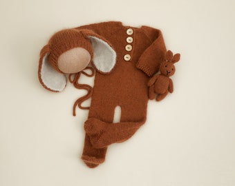 RTS! Newborn knitted bunny/teddy bear props Photo prop Newborn photography outfit Bunny/Bear outfit Footed romper bonnet toy Dark brown