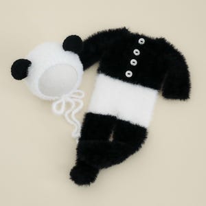 MADE TO ORDER! Panda outfit | Footed romper bonnet set Newborn photography props Fuzzy baby panda set Newborn knitted panda