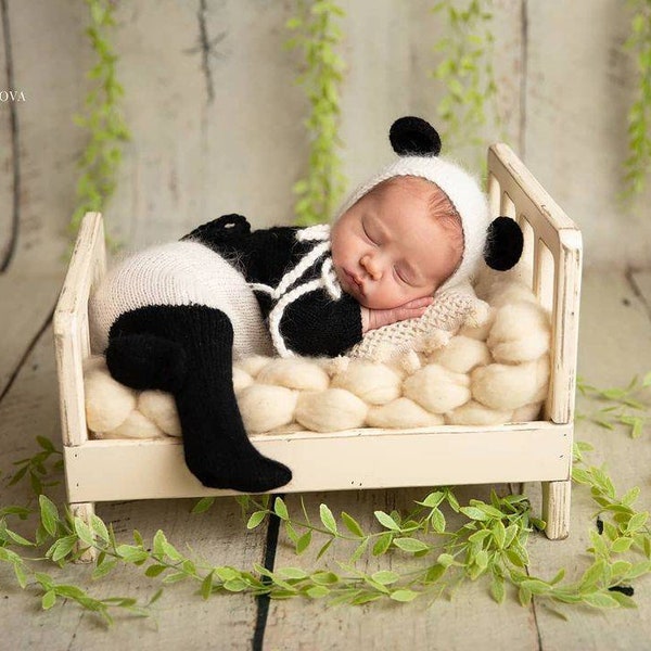 RTS!!! Knitted panda footed romper bonnet set Photo prop Newborn photography outfit Baby panda outfit Panda outfit Size newborn