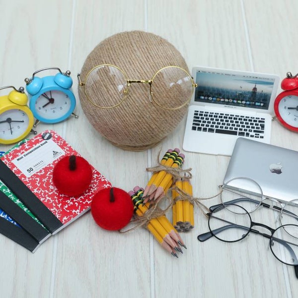 RTS! Baby Back to school props Newborn photo props Mini school supplies Apple Composition notebooks Laptop Glasses Clocks Pencils