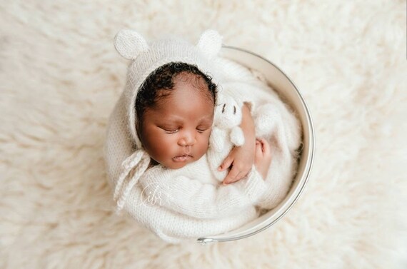 RTS Knitted Teddy Bear Footed Romper Set Photo Prop Newborn