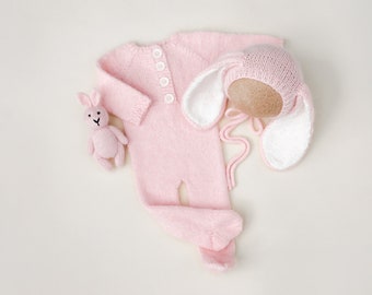 RTS! Knitted bunny footed romper bonnet Photo prop Newborn photography outfit Bunny bonnet Easter newborn baby girl outfit Newborn Pink