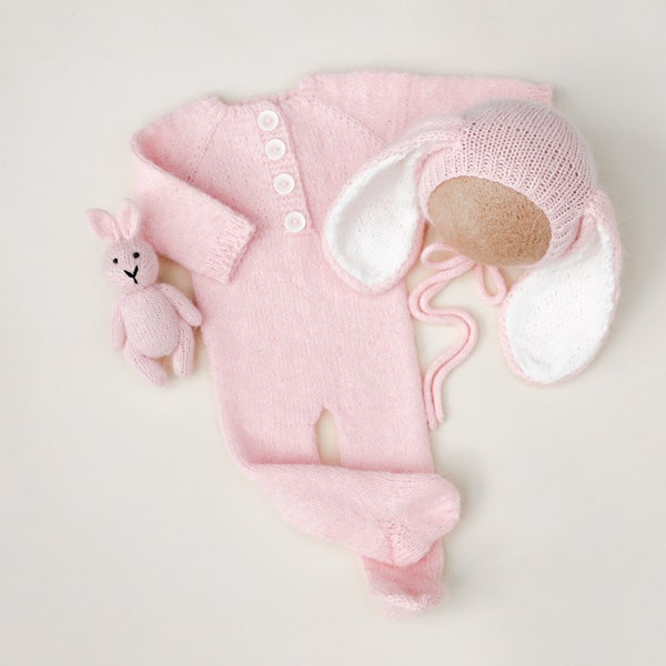 RTS! Knitted bunny footed romper bonnet Photo prop Newborn photography outfit Bunny bonnet Easter newborn baby girl outfit Newborn Pink