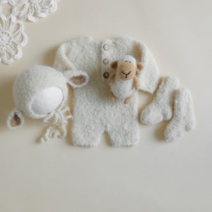 RTS! Knitted newborn sheep props Newborn photography props Boucle Sheep/lamb props Newborn sheep outfit Socks Romper Bonnet Toy