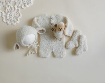 RTS! Knitted newborn sheep props Newborn photography props Boucle Sheep/lamb props Newborn sheep outfit Socks Romper Bonnet Toy