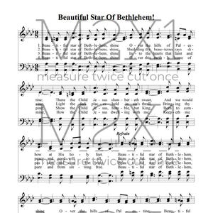 Peut inclure: Partition musicale de l'hymne "Beautiful Star of Bethlehem!". La partition présente des notes de musique avec des clés de sol et de fa, ainsi que des paroles. Le titre est bien visible en haut de la page.