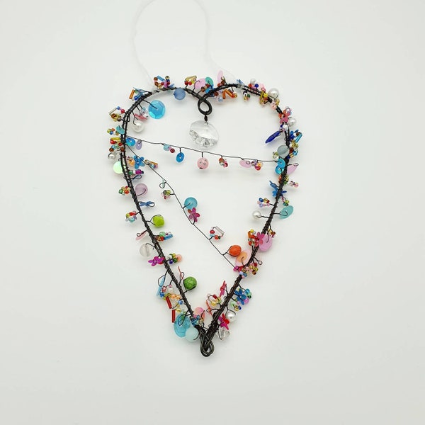 Heart beads window decoration wall decoration door decoration suncatcher sun catcher wedding decoration boho wire heart art decoration window decoration #55 upcycling