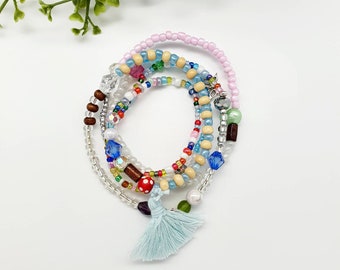 Long Collier Bracelet Enveloppant Perles en verre Perles en bois Coloré Boho