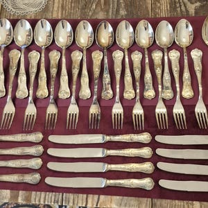 Könnte beinhalten: Eine große Sammlung silberfarbenem Besteck mit verzierten Griffen. Das Set enthält mehrere Gabeln, Löffel und Messer mit gezackten Klingen sowie einen großen Servierlöffel, eine Fleischgabel und eine Suppenkelle, die in Reihen angeordnet sind.