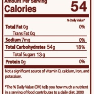May include: Nutrition facts label for Vermont Maple Syrup and Vermont Apple Cider Syrup. The label shows 54 calories per 1 tablespoon serving, 0 grams of fat, 7 milligrams of sodium, 54 grams of carbohydrates, 13 grams of sugar, and 0 grams of protein. The label also includes the website www.BarredWoodsMaple.com.