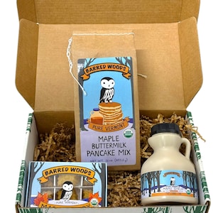 Maple Syrup Gift Box - 8 oz Jug of Pure Vermont Maple Syrup, 1 lb Bag of Pancake Mix, and Box of Maple Candy