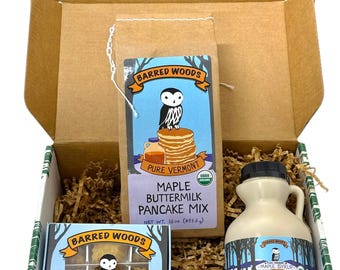 Maple Syrup Gift Box - 8 oz Jug of Pure Vermont Maple Syrup, 1 lb Bag of Pancake Mix, and Box of Maple Candy