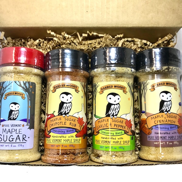 Maple Seasonings - Box of 4 Jars of Pure Vermont Maple Sugar and Spices For Cooking, Grilling and Baking - From Barred Woods Maple Products