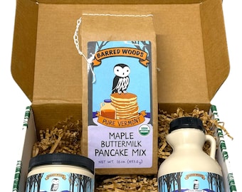 Vermont Gift Box - 8 Oz Jug Pure Organic Vermont Maple Syrup, 1 lb Bag of Pancake Mix, and a Jar of Maple Cream