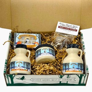 Vermont Gift Box with Two Half Pint jugs of Vermont Maple Syrup, 8 oz jar of Maple Cream, 6 Piece Box of Maple Leaf Candy and Maple Truffles