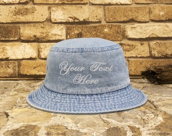 Customized Denim Bucket Hat | Trendy Vintage Style Aesthetic | Custom Text Embroidery Logo Design | Unisex | Personalized Nostalgic Gift |