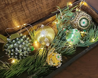 Vintage Handmade Satin Sequin Beaded Christmas Green Ornaments (5)