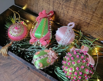 Lot of Vintage Handmade Satin Sequin Beaded Christmas Pink Ornaments (5)