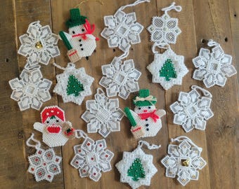 Vintage Handmade Plastic Canvas Yarn Ornaments