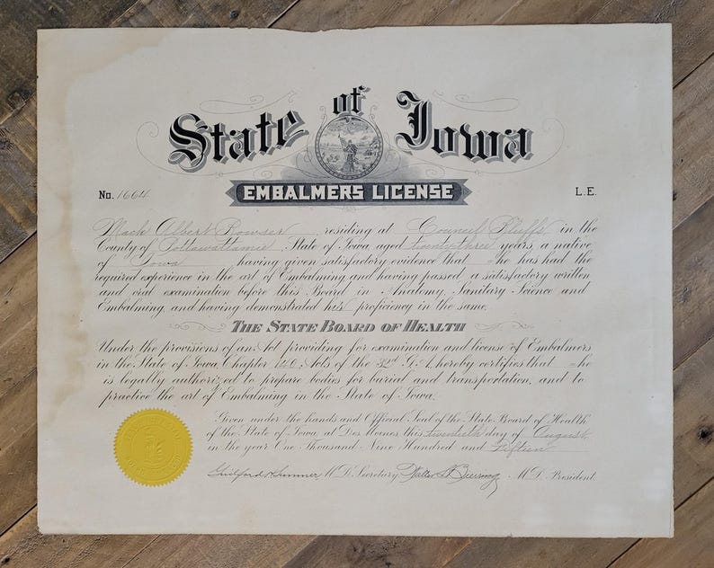 1915 State of Iowa Embalmers License - Etsy