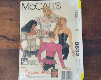 Vintage McCall&#39;s 8832 Miss 10 Pattern 1983 Fitted pullover top Long tappered sleeves / Strapless top / Short puffed sleeves
