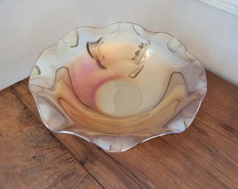 Vintage Jeannette Floragold Carnival Glass Ruffled Serving Bowl / Dish * Louisa