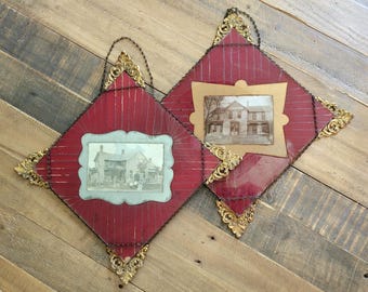 Victorian Reverse-painted Glass Photo Frames with Brass Corner Decorations (2)