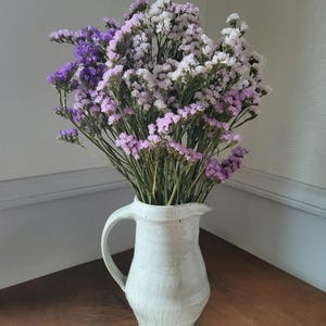 May include: A bouquet of dried statice flowers in shades of deep purple, lavender, and white arranged in a speckled off-white ceramic pitcher with a curved handle and a flared rim, showcasing a natural texture and a classic, functional design.