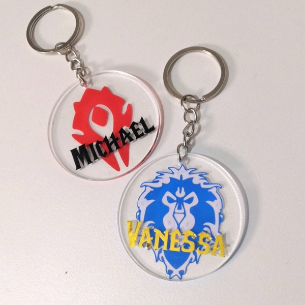 Wow KeyChain World of Warcraft Horde and Alliance Logo keyring with name