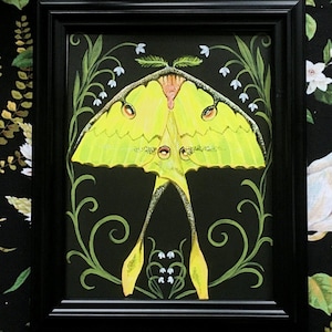 Luna Moth Butterfly Painting, Magic Luna Moth Art Print, Green Luna Moth, Luna Moth Magic, Secret Garden Art, Enchanted Garden Butterfly