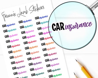 May include: A sheet of colorful "CAR insurance" stickers in various colors, including black, blue, orange, and purple. The stickers are arranged in rows and columns on a white background. The text "Frannie Lamb Stickers" is at the top.