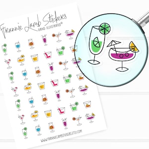 May include: A sheet of colorful cocktail stickers with a variety of designs. The stickers are hand-illustrated and feature different types of drinks, including margaritas, martinis, and daiquiris. The stickers are perfect for adding a touch of fun to your planner, laptop, or water bottle.