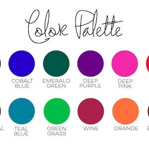 May include: Color palette with 12 color swatches, including black, cobalt blue, emerald green, deep purple, deep pink, red, charcoal grey, teal blue, green grass, wine, orange, and espresso brown.