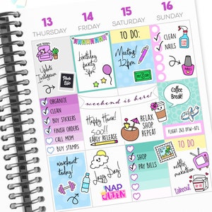 May include: A weekly planner with colorful stickers and illustrations. The planner has a daily layout with sections for each day of the week. The stickers include a birthday cake, a coffee cup, a plane, a workout icon, and a nap queen crown. The planner also includes handwritten notes and checkboxes.