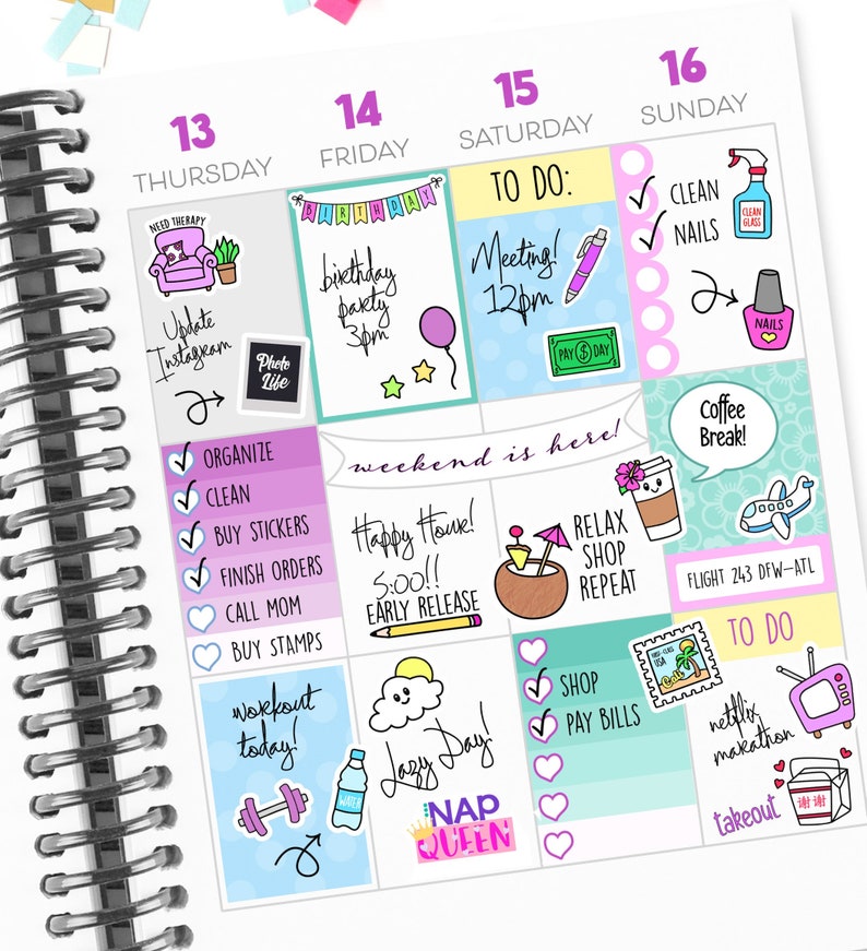 May include: A weekly planner with colorful stickers and illustrations. The planner has a daily layout with sections for each day of the week. The stickers include a birthday cake, a coffee cup, a plane, a workout icon, and a nap queen crown. The planner also includes handwritten notes and checkboxes.